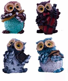 DEQUERA Owls Playing Musical Instruments Showpiece Set of 4 Figurines Garden Statues Decoration Items for Home Outdoor Decorations Decorative Showpiece  -  8 cm