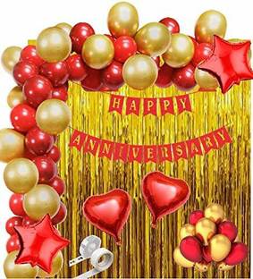 SV Traders Happy Anniversary Decoration Garland Kit Of 84Pcs-Red Bunting Banner(16)+Gold Foil Curtain(2)+Red Foil Heart 2+Star 2+Metallic Balloons Red 30+Golden 30+Balloon Gluedots100+Balloon Garland Arch1