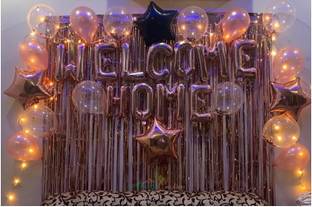 Almoda Creations Premium Welcome Home Combo Pack (Welcome Home Banner, 4 star, 25 HD metallic Balloons, Led Fairy, 2 Curtains