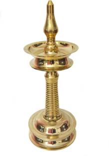 Tangerine Traditional Brass Kerala Nilavilakku Diya Deepak Oil Lamp - Height- 9 Inches Brass Table Diya
