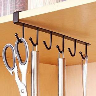 Selzoma Wall Hanger 6 Pin Nail Free Rack (Black) Hook Rail 6 Hook Under The Cup Frame Shelf, Multifunctional Kitchen Cabinet is Suitable for Hanging Hook Rail Hook Rail (Pack of 1) Hook 6