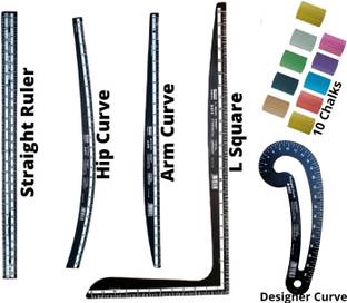 Upyukat Khyati Tailoring scales/ curves/ Fashion Designing Scale- Hard Plastic Scale- Set of 4- L- square curve (60cm), Hip curve (60cm), arm curve (60cm), straight ruler (60cm) Along with 1 Designer curve and 1Marking chalk box (10 pcs)- Sewing Kit Sewing Kit