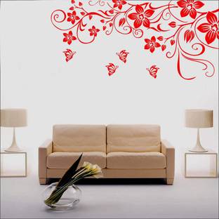 Advance Home Décor 91 cm kc Floral Butterflyes Flower Red Color Decor Design Wall Decals Sticker For Home Decor (pvc vinyl covering area (43cm X 91cm) Removable Sticker