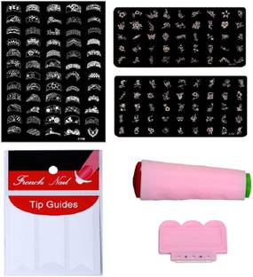 Royalkart Nail Art Combo Kit With 2pcs Small Stamping Image Plates (TO-03,09), 1pc Large Stamping Image Plate(XY20) & French Manicure Finger Tip Guide