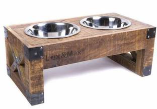 PRITI Wooden Dog Bowls Stand with 2 Stainless Steel Bowl for Water and Food for Dogs Rectangle Wooden Pet Bowl