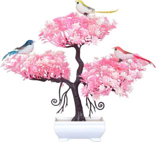 MODO Artificial Bonsoi Potted Tree With Sparrow For Home, Office, Indoor Dcor-26 CM (Pink & Brown) Bonsai Wild Artificial Plant  with Pot