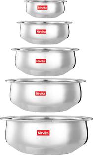 Nirvika Stainless Steel handi set Bottom Venna Chetty/Handi Pot 5 Piece Set/Steel Handi Set 5 Piece Set Handi 550ml, 750ml, 1100ml, 1500ml and 1900ml) (Stainless Steel, without Copper) Cookware Set ( Stainless Steel, 5 - Piece) Handi 0.55 L, 0.75 L, 1.1 L, 1.5 L, 1.9 L