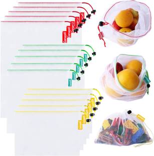 Ganapati Vegetable Bag for Fridge Fruit Net Bag for Refrigerator Reusable Washable Multipurpose Draw-string Storage Mesh Grocery Bag. Pack of 15 Grocery Bags