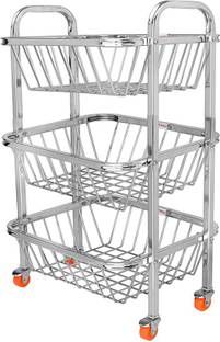 bartan hub Fruits/Vegetables Kitchen Rack Steel Stainless Steel 3 Layer Fruit Vegetable Trolley , Kitchen Trolley (Stainless steel Made , Multiple Shelves , Strong and durable