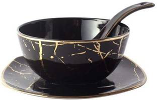 BP Bharat Bone China Luxe Black Gold Soup Bowl with Spoon and Saucer Lead Free, 150Ml, Set of 2 Bone China Coffee Mug