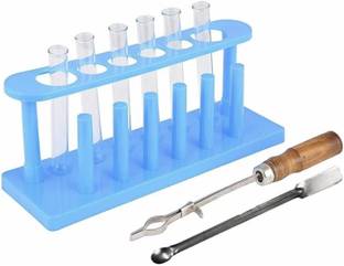 Sciencolab Borosilicate Glass Test Tube(6pcs),Plastic Test Tube Stand(White),Wooden Test Tube Holder and Spatula for pouring Plastic Test Tube Rack