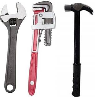 Toolhub Set Of 3 Tools Heavy Duty Hammer, 8 In Spanner & 10 In Pipe Wrench Hand Tool Kit
