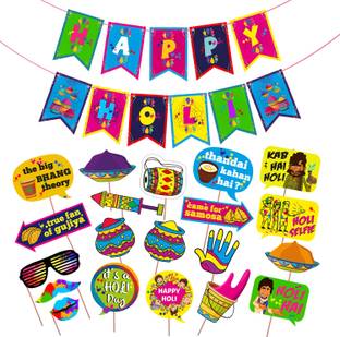 PartyDecoration Happy Holi Decoration Combo 20 pcs Photo Booth Props+1 Set Happy Holi Banner /Holi Decoration Items for Party Holi Decorations, Party Decoration/Colourful Banner for Holi Party (Pack of 21)