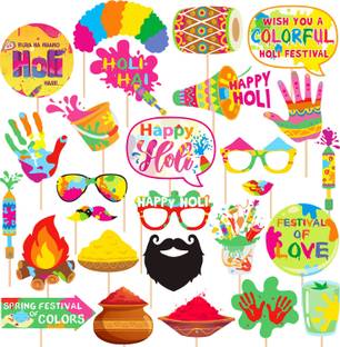 PartyDecoration 27 Pcs Holi Photo Booth Props Bollywood Holi Theme Photo Booth Props Decorations Paper Craft Item for Holi Party Supply Material/ Holi Selfie/Festival Props Accessories Photo Booth Board