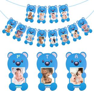 PartyDecoration 1st Birthday Baby Photo Banner for 1 to 12 Months, with High Chair Banner, Monthly Milestone Photograph Bunting Garland First Birthday Celebration Decoration Pack of 14 (Blue) Banner