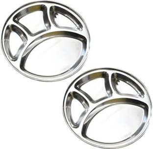 ओमकार एंटरप्राइज़ेज़ Stainless Steel Round Plate - 4 Partition Divided, Lunch/Dinner/Bhojan/Thali Plates - 2 Unit सेक्शन्ड प्लेट