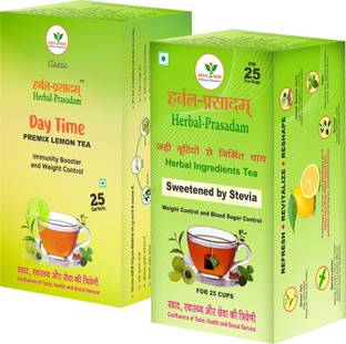 Herbal Prasadam 1 Sweetened By Stevia + 1 Premix Lemon( Pack of 2) Herbal Tea Bags Box