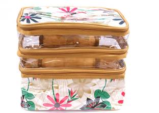 Meher Triple Decker Cosmetic Makeup Toiletry Bag, Storage Case Jewellery Vanity Box (Cream) jewellery Vanity Box (Cream) multi purpose, Vanity Box