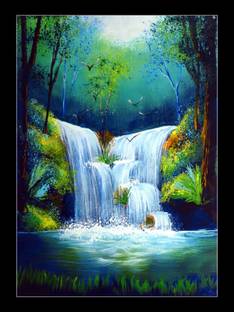 Gag Beautiful Waterfall In Forest Painting with Synthetic Frame  Digital Reprint 14 inch x 10 inch Painting