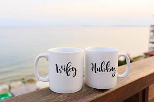 V Kraft "hubby and wifey sweet couple matching mug set " love quote printed Ceramic love with Handle-Perfect Gift to Anyone On Any Occasion | Coffee & Tea Cup | Pack of 2 Ceramic Coffee Mug