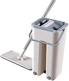 Charanraj Touchless Mop Wet and Dry Magic Flat Bucket Mop with 2 Ultrafine fiber Cleaning Cloth Pads and Stainless Steel Handle.Magic Cleaner Self-Wring Squeeze Double Side Household Cleaning Automatic Drying Mop Set Mop Bucket, Mop