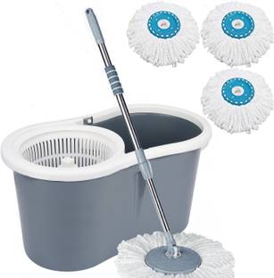 V-MOP Classic Grey Plastic Magic Dry Bucket Mop - 360 Degree Self Spin Wringing With 3 Wet & Dry Mop