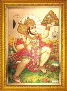 ADA Handicraft Bajrang Bali Hanuman Ji God Photo with Frame for Pooja || Golden Photo Frame for Temple & Home || Photo Frame for Wall Decorative || God Idol || Golden God Photo for Pooja Mandir || Photo Frame Religious Frame Religious Frame