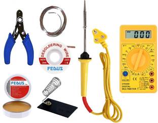 Fedus 7 In 1 Soldering Iron Kit Electric Soldering Iron Stand Tool Wire Stripper Kit Soldering Kit Set With 25W Welding Stick Digital Mulimeter Desoldering | Wik Stand |Flux | Wire Stripper | Solder Wire For DIY/Crafts 25 W Simple