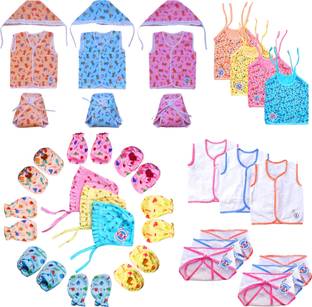 V.B.K Baby Boy and Baby Girl Cloth Set Combo Pack With Jhabla, Nappy (Langot), Mittens-Booties and Cap, Hosiery and Cotton Soft Fabric, 0 to 6 Months