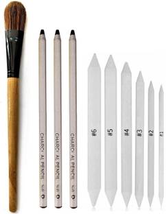 Definite Art Bianyo Soft Black Natural Charcoal Pencils for Drawing and Sketching (Pack of 3) with Paper Art Blending Stump or Tortillon (Pack of 6) and One 22Cm Blending Foundation Brush for Charcoal Pencils; Ideal Drawing Set for Students, Professionals, Artists