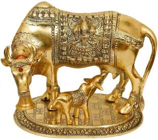 dtc Metal Golden Kamdhenu Cow With Calf Statue,Cow and Calf Idol,Good Luck, Holy Spiritual Showpiece Figurine Sculpture Vastu Decorative Handmade Home Office Showpiece Gifts Large Gold Elegant Cow and Calf Metal Statue Holy Cow and Calf Statue Spiritual Showpiece Figurine Sculpture Decorative Showpiece  -  15 cm