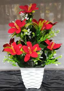 BK Mart Beautiful Red Lilly Flower bunch For home Shop Office Decor Multicolor Lily Artificial Flower  with Pot