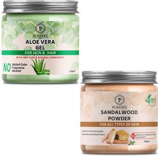 puranex 100% Natural & Pure Aloevera Gel For Deep Cleansing, Soft, Pimple free, Extra Glowing & Shiny Skin-Face Pack 100 GM (Pack of 1) & 100% Natural & Pure Sandal Wood Powder For Soft, Pimple free, Glowing & Shiny Skin (Skin & Face Care) 200 GM (Pack of 2) 100 GM Each