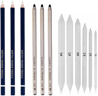 Definite Art Natural Soft Dark Charcoal Pencil with Eraser Pencils & Paper Stump/Art Blender for Charcoal, Graphite Sketching Portrait (Pack of 3 Charcoal Pencils, 3 Eraser Pencils & 6 Paper Stumps)
