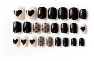 Ray Innovations 24 Pcs Press on False Nails With Glue Black Beige Polka Dots and Heart Design Black, Brown, Beige
