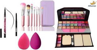 Dhaniji BLACK Waterproof,Smudge Proof Kajal & 36H Eyeliner, 2 Washable Makeup Sponge Beauty Blender Puff with Set of 7 Makeup Brushes include storage box& All in One Best Makeup kit 6155 (Eyeshadow,Blusher,Compact,Lip Gloss (6 Items in the set)