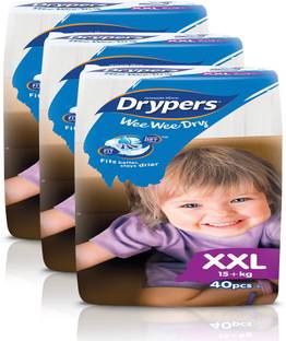drypers Wee Wee Dry XXL Sized Diapers, Combo Pack of 3, 40 Counts Each (120 Counts) (Taped Diaper) - XXL