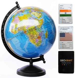 GeoKraft educational political laminated rotating world globe with bonus card game/metal arc and base-Blue Desk & Table Top Political World Globe