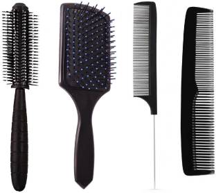 E-DUNIA Best Hair Brush Combo of Black Carbon Rat Tail comb With Steel handle, Round Hair Comb, Paddle Hair Brush with Soft Nylon Bristles & Simple Normal use Brush for Women and Men