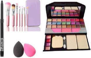 Dhaniji BLACK Smudge Proof Kajal,Washable Makeup Sponge Beauty Blender Puff wit Set of 7 Makeup Brushes include storage box& All in One Best Makeup kit 6155 (Eyeshadow,Blusher,Compact,Lip Gloss (5 Items in the set)