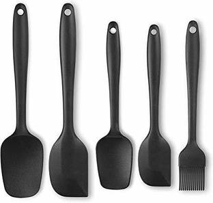 RABBONIX 5 Piece Kitchen Tool Silicone Spoonula, Spatula and Basting Brush, Heat Resistant and Non-Stick Cookware Cooking Utensil Set, Dishwasher Safe, Black Non-Stick Spatula