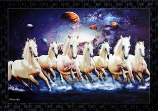 Janki Lucky Seven (7) White Running Horses Vastu Wall Painting Canvas 14 inch x 20 inch Painting