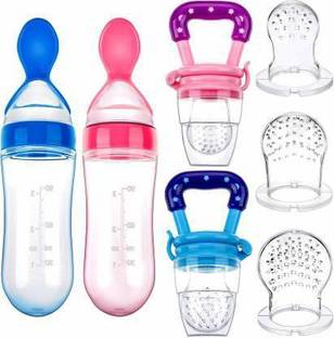 Vadhavan 4 Pieces Baby Teething Pacifiers Baby Food Feeder Multicolored Fruit Feeder Silicone Food Dispensing Spoon for Baby Infants Small Kids (Blue and Pink) Teether and Feeder (Multicolor)