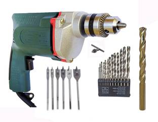 Inditrust 10mm Drill Machine With 13Hss Drill Bit+1 Masonary Bit+6Pcs Flat Wood Bit Pistol Grip Drill