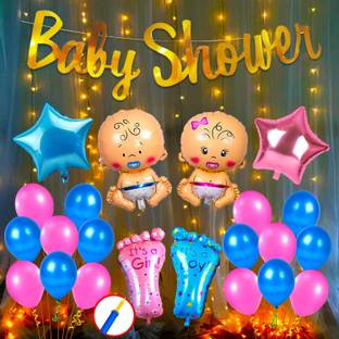 Anayatech Baby Shower Combo Decorations Material Set-48Pcs Baby Shower Banner, Boy Girl Latex,Foil Balloon,Blue and Pink baby,BottleFeet Ballon With Hand Balloon Pump For Gender Reveal, Maternity, Pregnancy Photoshoot Material Items Supplies