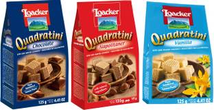 LOACKER Quadratini Chocolate +Napolitaner +Vanilla 375g Italy Waffles