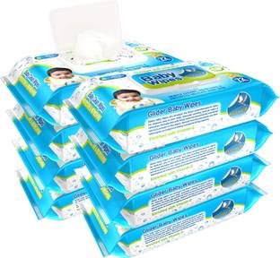 GLIDER Baby Wipes - with Moisture Lock Flip-Top , Contains Aloe Vera & Vitmain E , pH balanced with No Parabens & Chlorine - Pack of 8