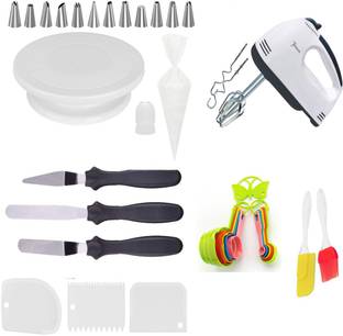 Gabani fashion unique cake combo for Cake Decoration Full Set cake turn table 360 degree revolving, 12 pc decorating nozzle set with piping bag, scrapper, spatula brush combo set, 3 in 1 knife, 10 pc measuring cup, 7 speed hand beater Kitchen Tool Set