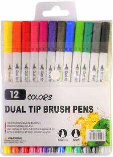Qalam Kaari Dual Tip Metallic Brush Marker with Fineliner 0.4mm for Writing Coloring Marker Ink