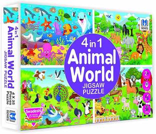 PEZYOX 4 in 1 Animal World Jigsaw Puzzle for Kids. 4 Jigsaw Puzzles 35 Pieces Each (Wild Animals, Farm Animals, sea Animals & Birds